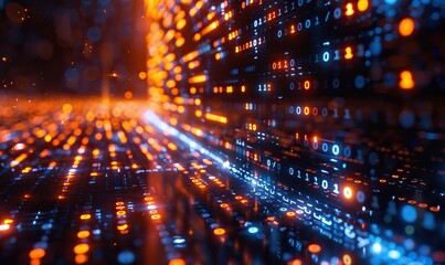 Obraz premium Futuristic cyberspace with an abstract binary code matrix background, featuring digits and programming code, forms an abstract technology background for software developers and computer scripts.