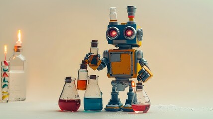 Fototapeta premium Robot Chemist Conducting Scientific Experiment in Isolated Studio Setting