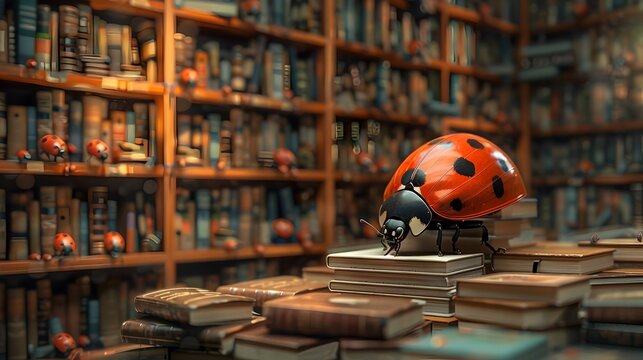 Ladybug Librarian Organizing Miniature Books in Intricate Bookshelf