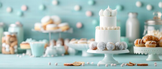Obraz premium Elegant dessert table with a white cake and various pastries in a pastel setting. Perfect for celebration or event themes.