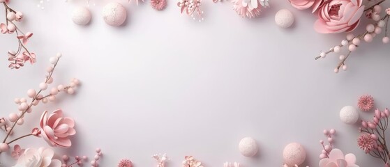 Elegant flat lay floral arrangement with pink and white flowers, leaves, and soft petals on a light background. Perfect for invitations or backgrounds.