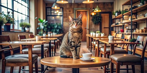 A cozy cafe setting with a friendly cat as the center of attention , cafe, cat, coffee shop, cozy, pet, adorable, furry