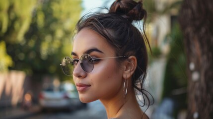 Fototapeta premium A close-up of a woman with a top knot bun hairstyle, perfect for a casual yet stylish look.