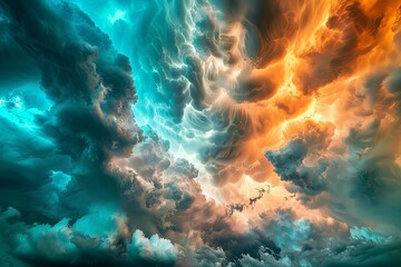 Dramatic Stormy Sky with Orange and Blue Clouds, Capturing the Power and Beauty of Nature in a National Geographic Style
