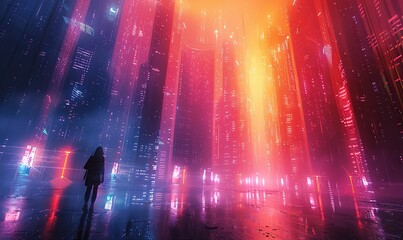 In the vibrant and futuristic cityscape, towering structures painted a canvas of color.