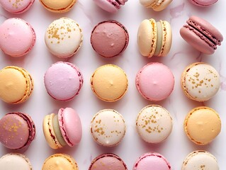Obraz premium Elegant French Macarons Arranged in Neat Grid Pattern on White Background