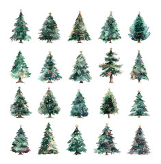Fototapeta premium Christmas Trees with Garlands Boho Style Watercolour Icons Holiday Decorations Graphic Design Elements Festive Season Icons Festive Tree Collection Festive Garlands Bohemian