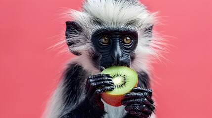 Fototapeta premium Black and white Colobus Monkey Eating Kiwi Fruit on Solid Coral Background