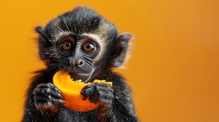 Fototapeta premium Titi Monkey Eating Papaya on Golden Background in Studio Setting