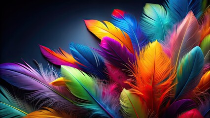 Vibrant abstract composition with bright feathers against a dark background, feathers, bright, colorful, abstract, composition
