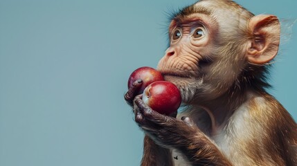 Bald Uakari Monkey Eating Plums on Plain Sky Blue Background with Copy Space