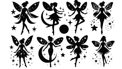 Enchanting Celestial Fairy Icons Vector Collection: Mystical Fairy Silhouettes Adorned with Stars and Moons, Perfect for Fantasy Projects, Scrapbooking, and Magical Themed Deco