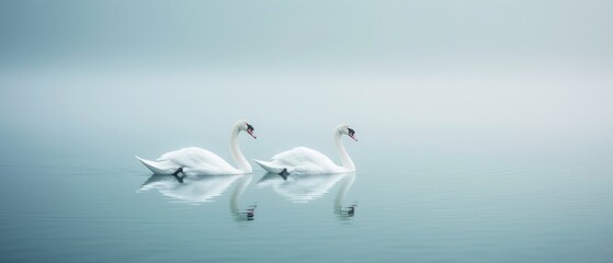 Obraz premium Elegant swans gracefully glide on a tranquil lake shrouded in mist, creating a serene and peaceful scene on a calm morning.