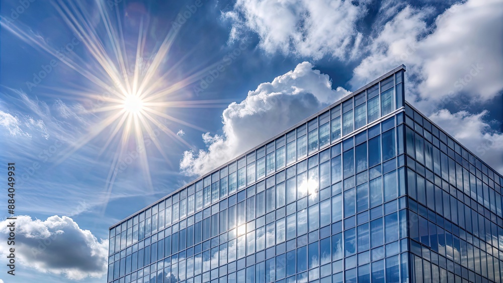 Poster Modern glass facade building with dramatic sky and hot sun , architecture, urban, cityscape, skyscraper, contemporary