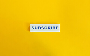 Subscribe Word and Prompt. Engagement Call-to-action (CTA). Blue Text on Block Letter Tile on Yellow Background. Minimal Aesthetic.