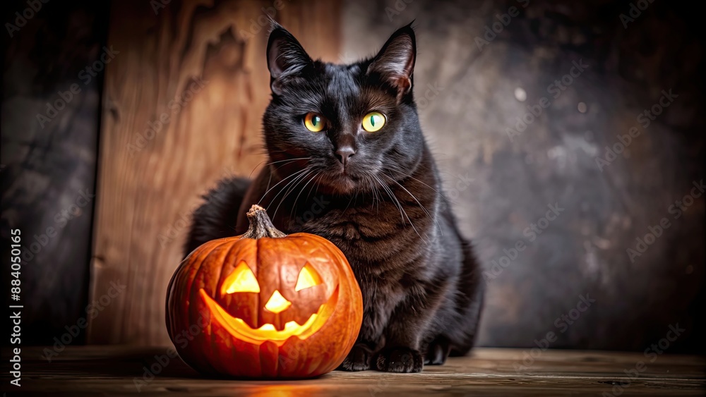 Poster Black cat with glowing eyes sitting on a pumpkin, Halloween, spooky, feline, black, pumpkin, Jack-o-lantern, autumn, mysterious, orange