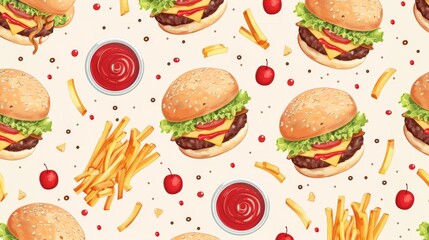 Seamless pattern with delicious burgers, french fries, and ketchup on a light background