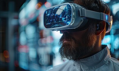 In a metaverse laboratory, a doctor wearing a VR headset researches and works on a futuristic digital screen, utilizing medical AI, virtual reality overlays, and scientific innovation.