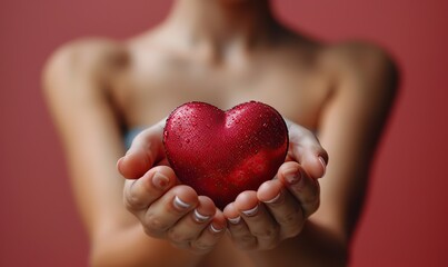 Young women holding a red heart on a pink background for healthcare, donate, and family insurance: World Heart Day, World Health Day, Valentine's Day.