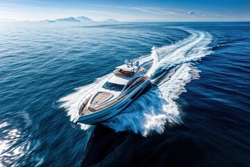 High angle view of luxury motor yacht sailing on open sea