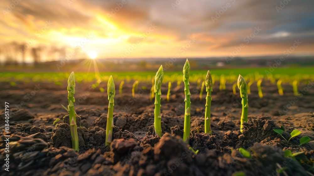 Canvas Prints Asparagus Field at Sunset - Close-up of asparagus plants growing in a field at sunset, highlighting the vibrant green shoots against the warm golden sky.