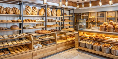 Bakery interior showcasing a variety of fresh bread and pastries, bakery, interior, bread, pastries