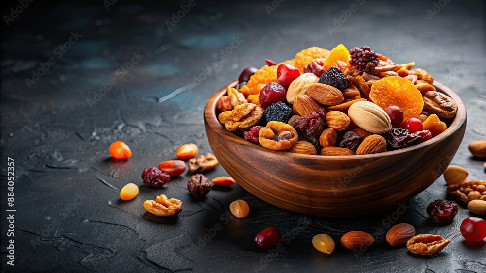 Poster Bowl of dried fruits and nuts on a dark background, healthy snack option, healthy, nutritious, food, nuts, fruits, snack