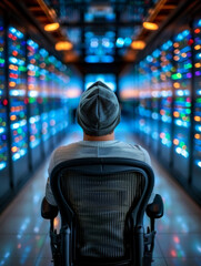 Naklejka premium Person in Data Center Surrounded by Servers