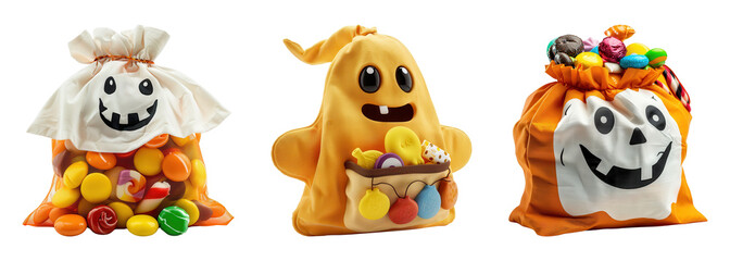 Colorful Halloween-themed candy bags featuring spooky ghost designs for festive trick-or-treat celebrations and party decorations.