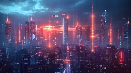 Obraz premium Futuristic Smart City Skyline with Glowing Neon Lights and Flying Vehicles