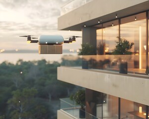 Fototapeta premium Drone Delivering Package to Futuristic Apartment Showcasing Advancements in Delivery Technology Concept
