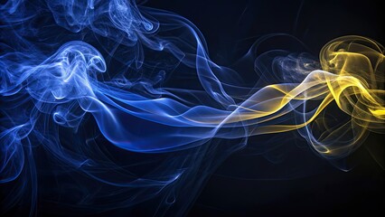 Obraz premium Thin yellow and blue smoke swirling gracefully on a black background, smoke, yellow, blue, mesmerizing, elegant, flowing