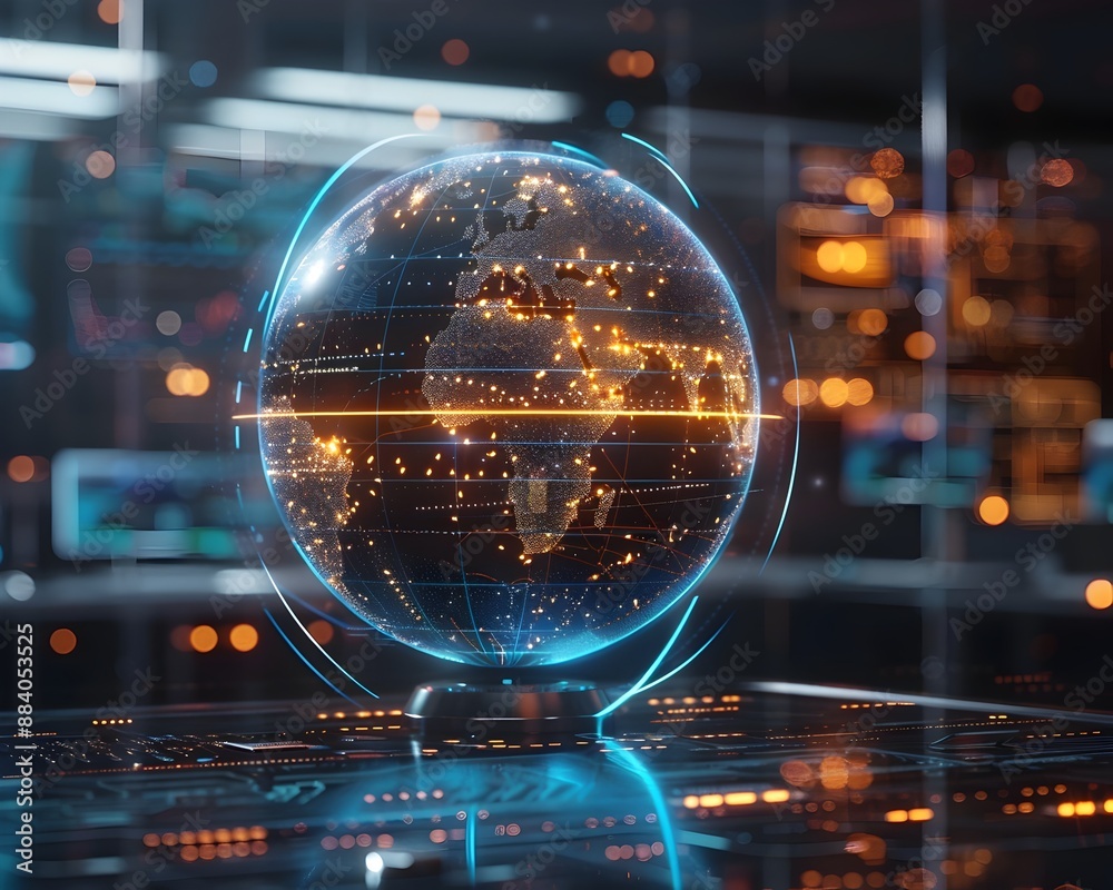 Poster holographic globe displaying real time data analytics in a modern office setting