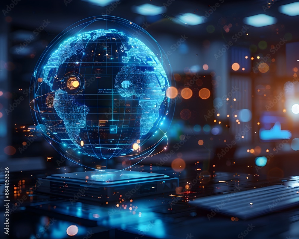 Poster holographic globe displaying real time data analytics in modern office setting technology concept