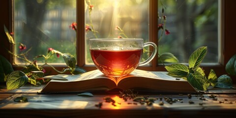 National Read a Book Day open book with a cup of tea, September 6th