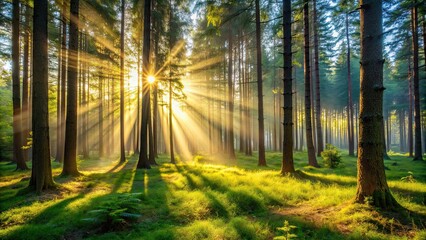 Fototapeta premium Morning sunlight streaming through the trees in a peaceful forest setting, nature, trees, woods, peaceful, serene, morning