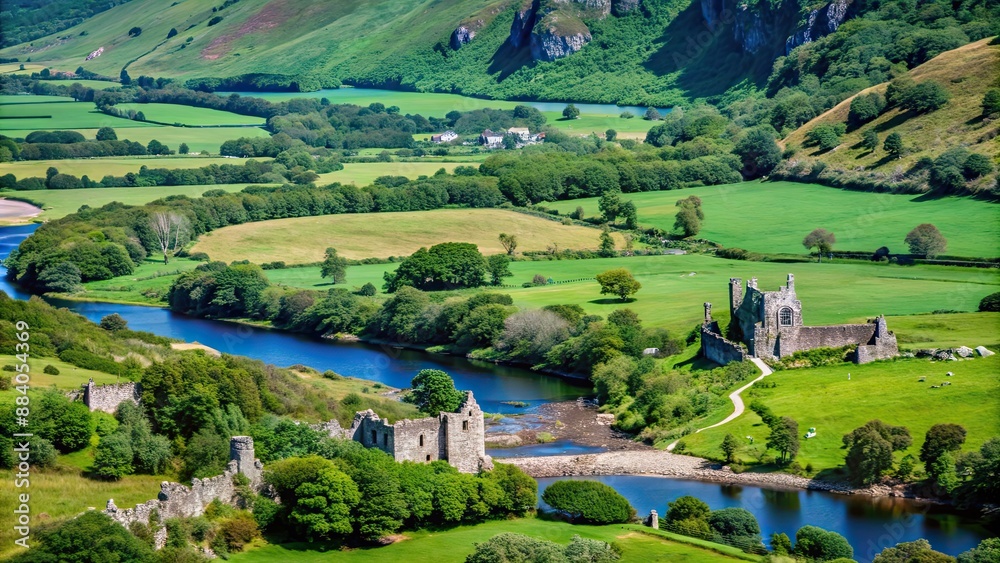 Poster Lush green landscape of the Irish countryside with ancient ruins, meandering river, and rocky outcroppings