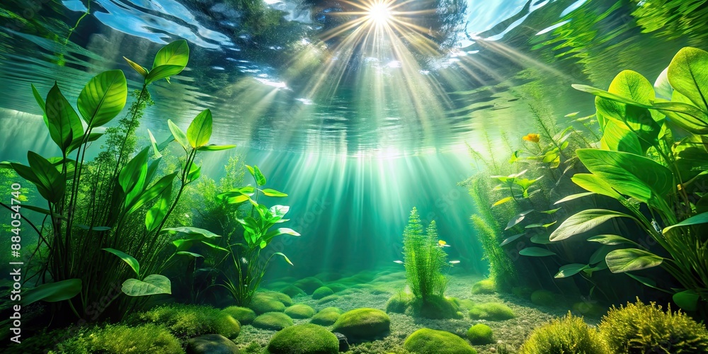 Sticker Tranquil underwater view of lush green freshwater plants in a river, illuminated by natural sunlight from above , underwater