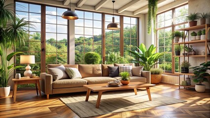 Fototapeta premium Cozy living room with a sofa, plants, wooden furniture, and natural light streaming through large windows
