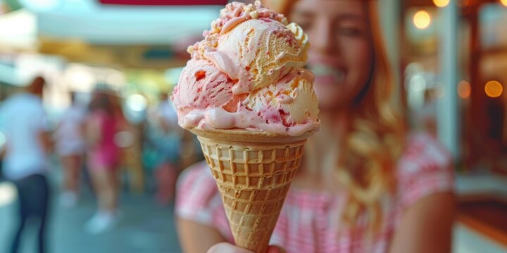 People celebrating National Ice Cream Month, August, enjoying various flavors, ice cream parlor, hot summer day