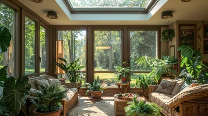 A cozy sunroom with wicker furniture, potted plants, large windows, and a skylight letting in natural light.