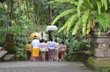 Indonesian women holding umbrellas in jungle surrounded by trees