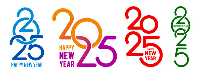 Set of 2025 Happy New Year digits designs. Collection of 2025 logo for any web design, ad and print templates, such as greeting cards, banners, diaries, notebooks, calendars. Vector illustration 