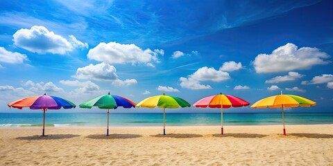 Fototapeta premium Sunny day at the beach with colorful umbrellas and beach chairs, summer, vacation, relaxation, ocean, sand, sun, holiday, travel