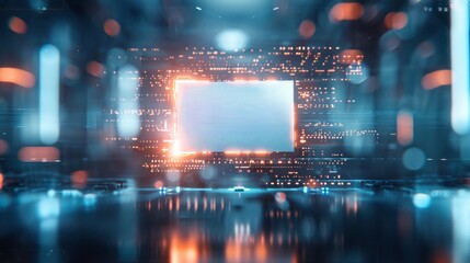 Futuristic digital interface with glowing lights and innovative technology, representing advanced computing and modern architecture.