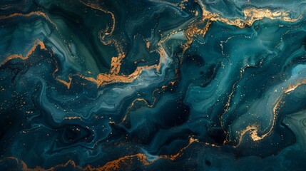 Fototapeta premium Dark green and gold fluid painting abstract background with swirls and waves