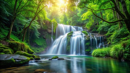 Serene waterfall cascading through lush greenery in a tranquil forest setting, waterfall, nature, cascade, stream, scenic