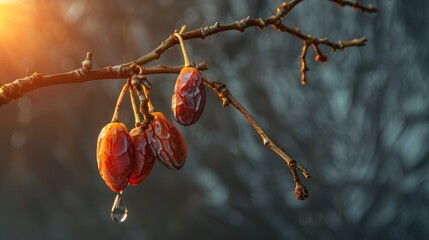 Close Up of a Branch with Red Berries in the Sunset