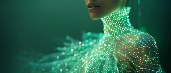 Futuristic fashion concept with a model in a glowing, green LED dress, capturing the essence of high-tech elegance and innovation.