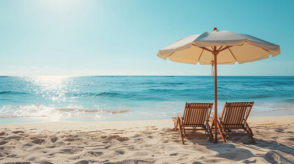 Beach umbrella with two chairs on the sand, a perfect summer travel vacation background with copy space for advertising or holiday concepts.